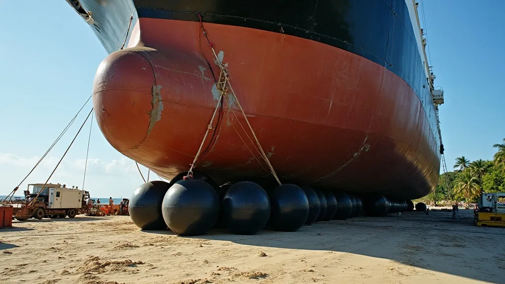 Kapal ditopang kantong udara airbag di area pantai galangan menjelang peluncuran