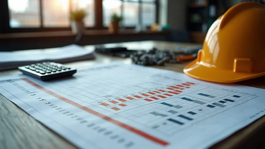 Meja perencanaan proyek galangan dengan jadwal milestone dan contoh material