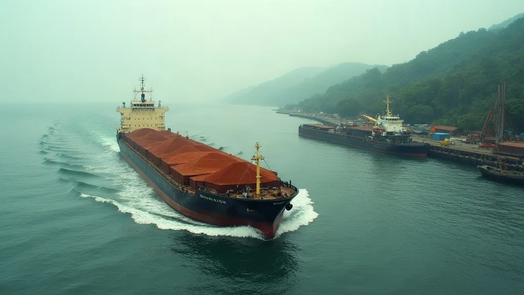 Tongkang bermuatan curah ditarik tugboat meninggalkan dermaga industri