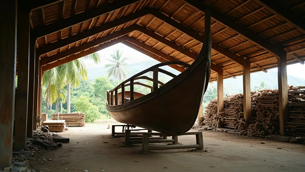 Partially planked traditional wooden phinisi hull under an open shelter