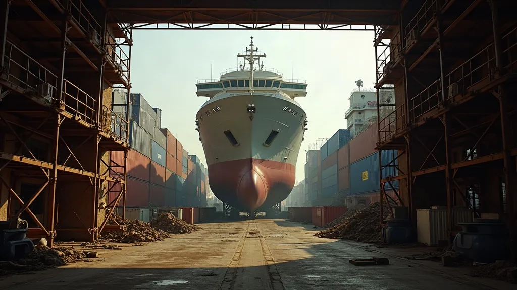 Vessel under construction in a tropical shipyard with containers stacked behind