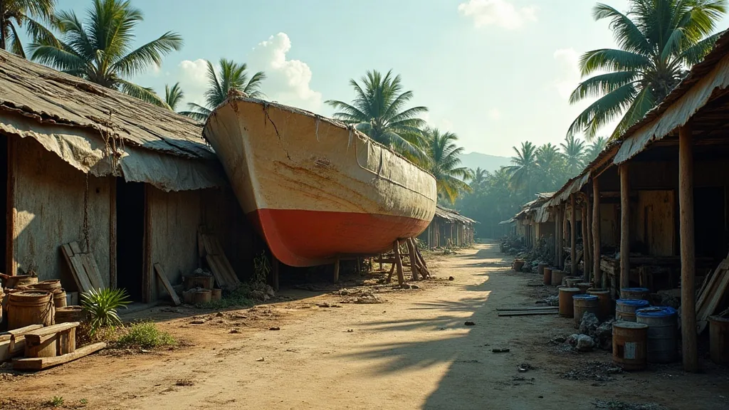 Deserted Indonesian boatyard with an unfinished hull under a torn cover