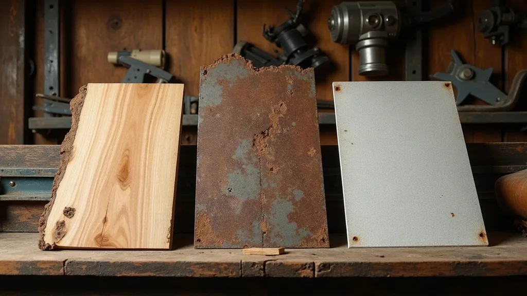 Contoh material lambung kapal: kayu, pelat baja, dan laminasi fiberglass