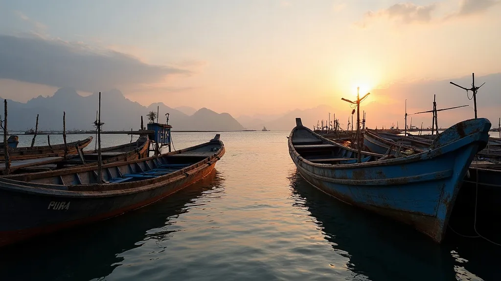 Dermaga kerja di Kendari saat senja dengan kapal kayu dan baja bersandar