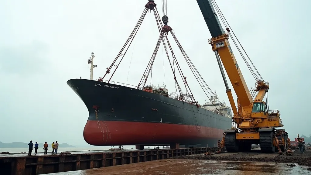 Lambung kapal setengah jadi diangkat crane untuk dipindahkan ke galangan lain
