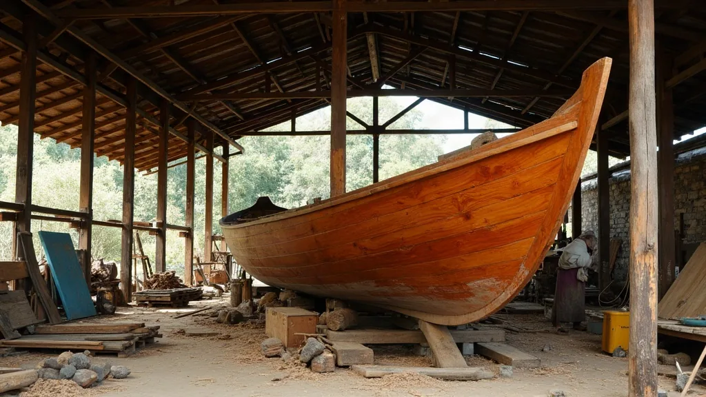 Lambung kayu phinisi dengan gading dan papan kulit terpasang di galangan terbuka