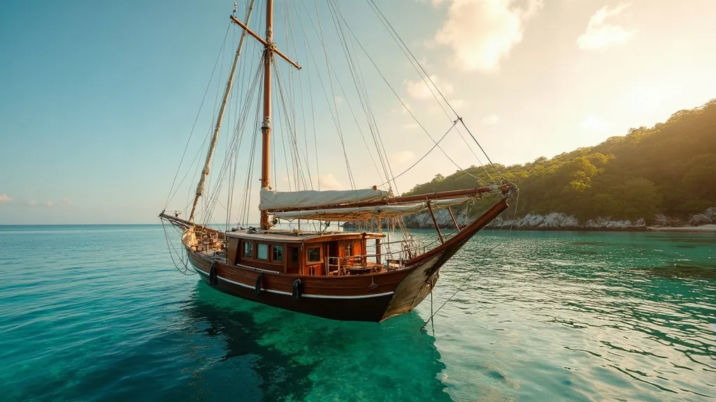 Kapal liveaboard kayu berlabuh di perairan jernih pada pagi hari