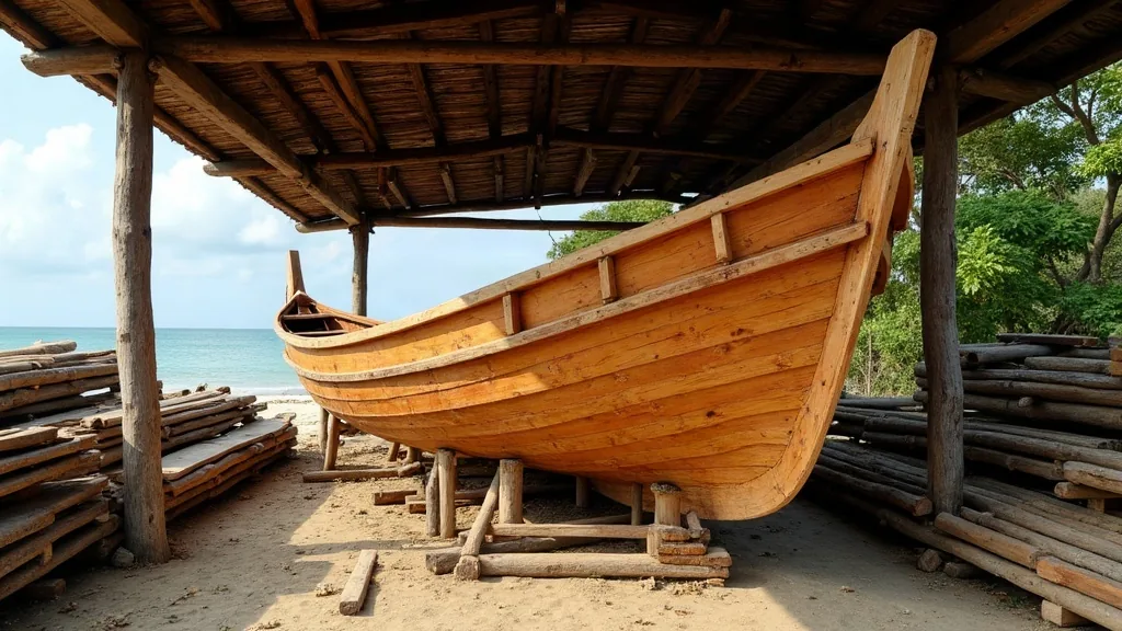 Unfinished wooden phinisi hull under shelter at an Indonesian yard