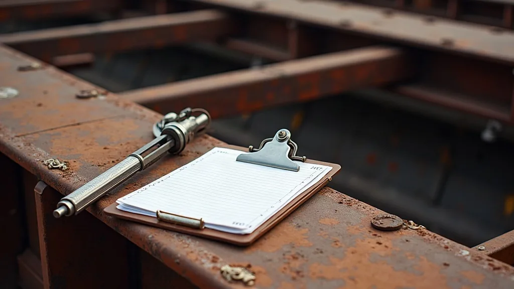 Survey tools on the deck of an incomplete steel vessel during inspection