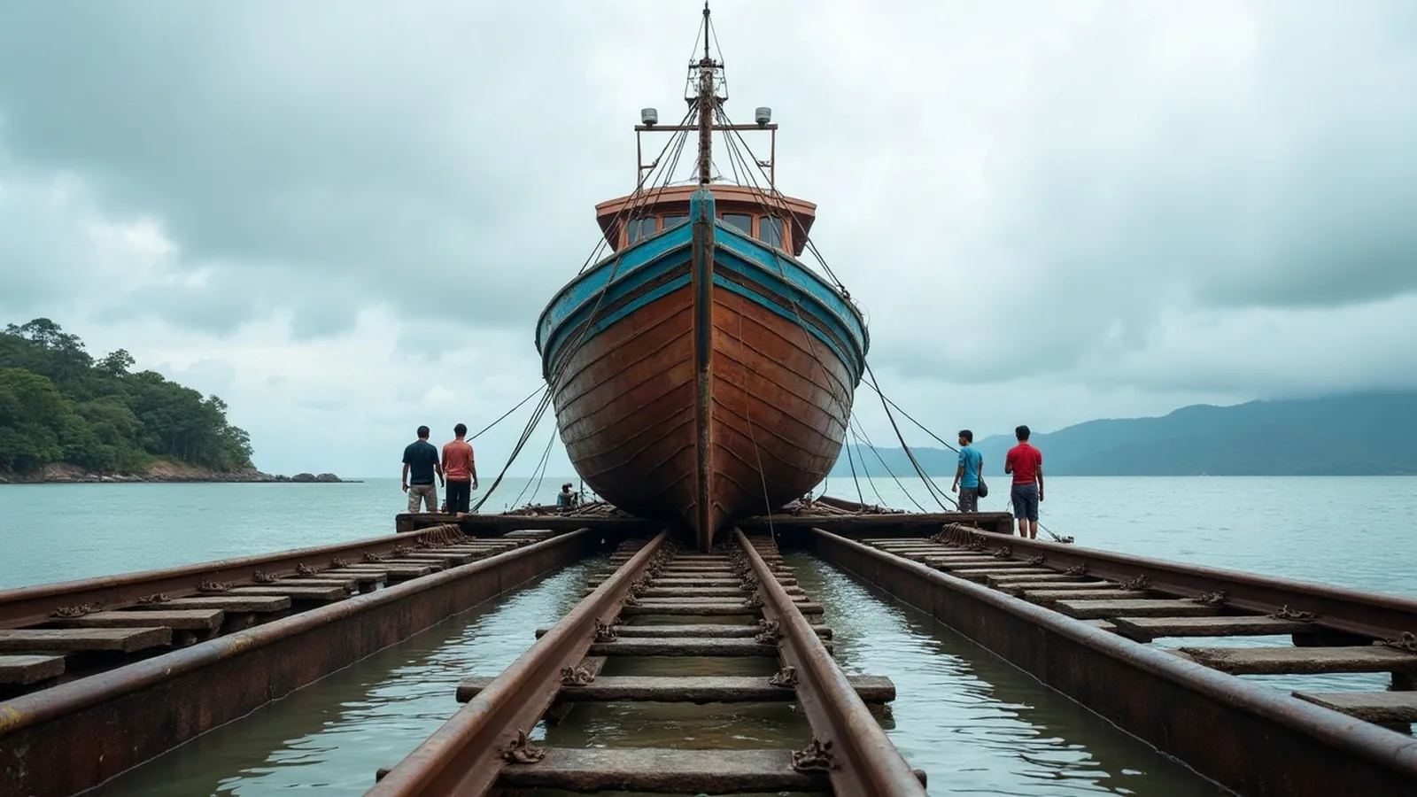 Kapal naik slipway rel di galangan pesisir Teluk Kendari, Sulawesi Tenggara