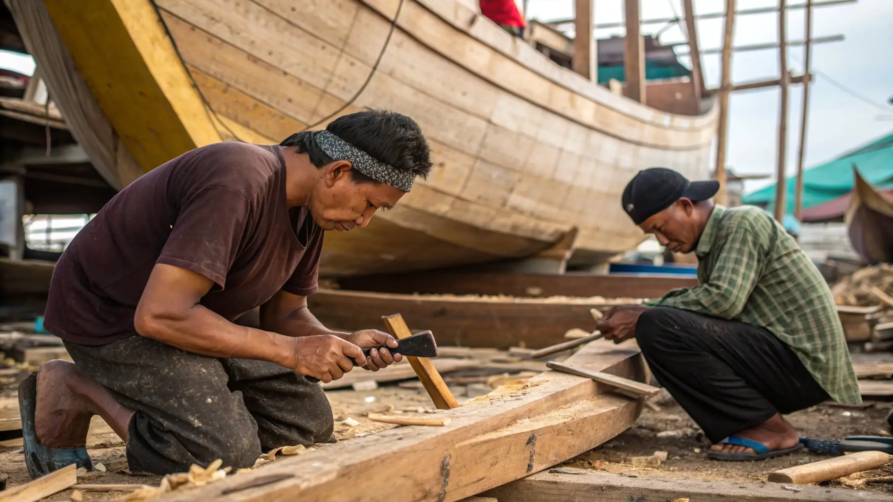 Tukang kayu menghaluskan balok kayu kapal di galangan phinisi