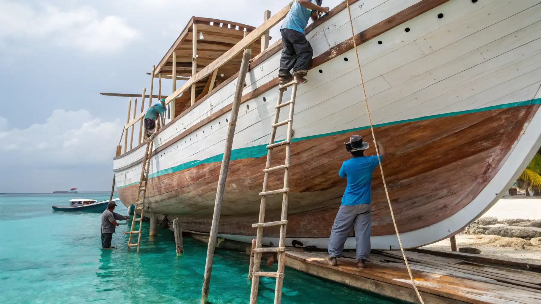 Perbaikan dan pengecatan lambung kapal kayu dari tangga